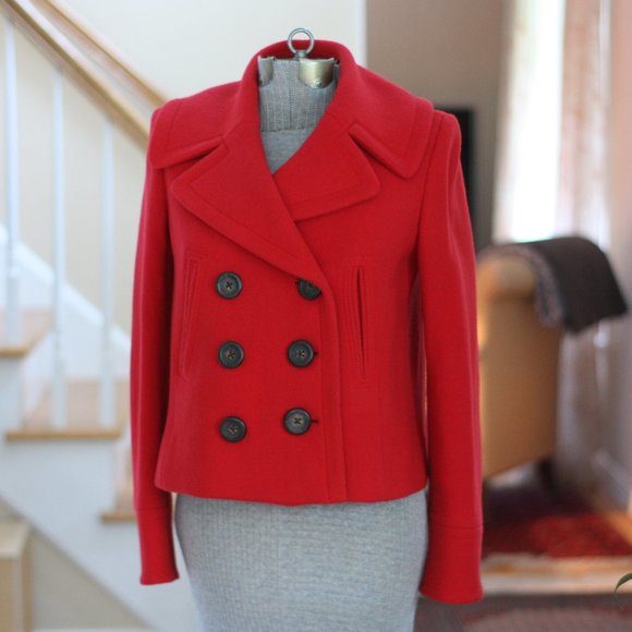 J. CREW Red Wool Pea Coat with Black Buttons